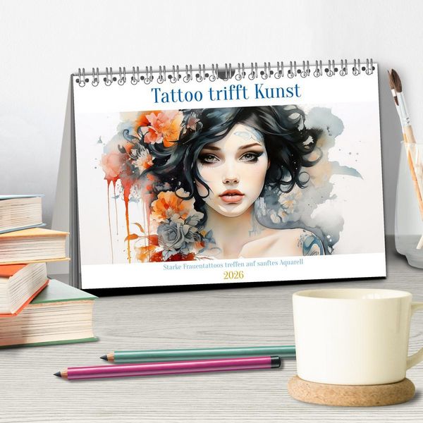 Produktbild: Tattoo trifft Kunst - Starke Tattoos treffen auf sanftes Aquarell (Tischkalender 2026 DIN A5 quer), CALVENDO Monatskalender