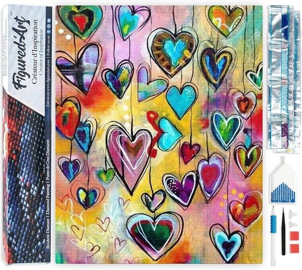 Produktbild: FiguredArt DP-052 - Diamond Painting, Herzen, 5D Bild (40x50cm) mit eckigen Steinen, DIY Bastelset