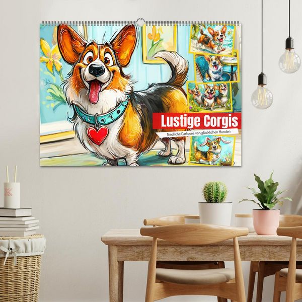 Produktbild: Lustige Corgis. Niedliche Cartoons von gl&uuml;cklichen Hunden (Wandkalender 2026 DIN A2 quer), CALVENDO Monatskalender