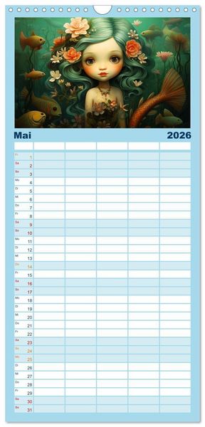 Produktbild: Familienplaner 2026 - Zauberhafte Meerjungfrauen. Liebliche Illustrationen mit 5 Spalten (Wandkalender, 21 x 45 cm) CALVENDO