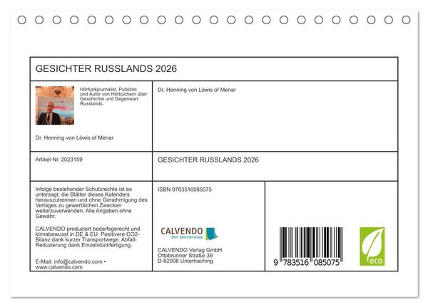 Produktbild: GESICHTER RUSSLANDS 2026 (Tischkalender 2026 DIN A5 quer), CALVENDO Monatskalender