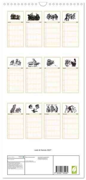 Produktbild: Familienplaner 2027 - owls & friends 2027 mit 5 Spalten (Wandkalender, 21 x 45 cm) CALVENDO