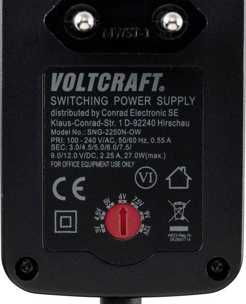 Produktbild: VOLTCRAFT VC-11258705 Steckernetzteil, einstellbar 3 V/DC, 4.5 V/DC, 5 V/DC, 6 V/DC, 7.5 V/DC, 9 V/DC, 12 V/DC 2.25 A 27 W Ausgangsspannung regelbar,