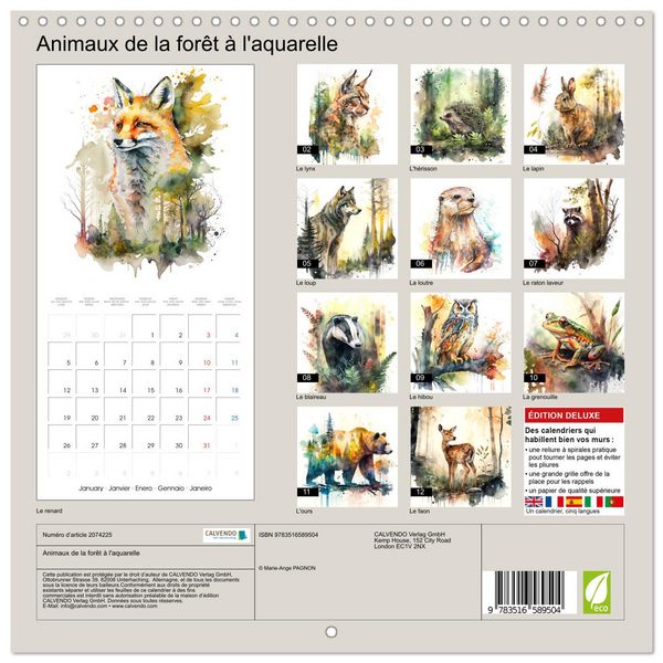 Produktbild: Animaux de la for&ecirc;t &agrave; l'aquarelle (Calendrier mural carr&eacute; 2026 30x30 cm) Calendrier double avec une page pour vos prises de notes