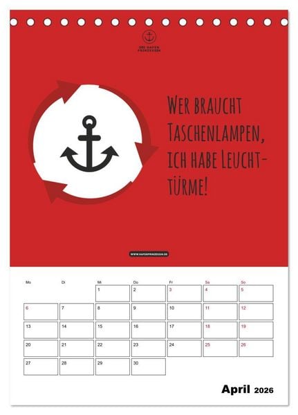 Produktbild: hafenprinzessin: Ankertr&auml;ume & Meer - Der moderne Zitate-Wandkalender f&uuml;r maritime Lebensmomente! (Tischkalender 2026 DIN A5 hoch), CALVENDO Monatskalender