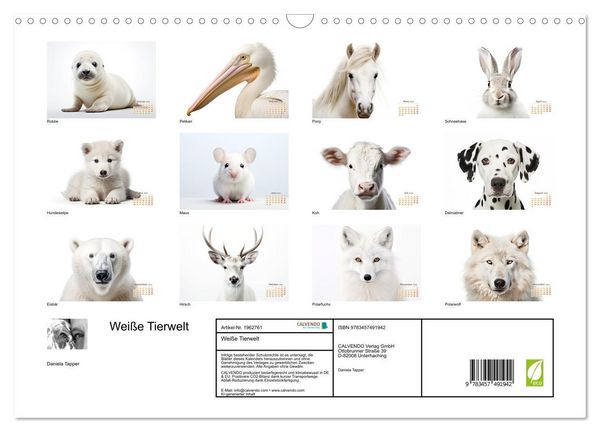 Produktbild: Wei&szlig;e Tierwelt (Wandkalender 2026 DIN A3 quer), CALVENDO Monatskalender