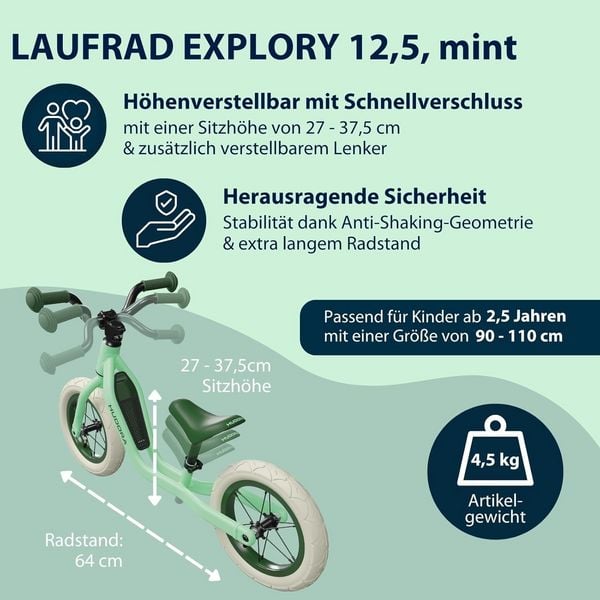 Produktbild: HUDORA 10932 - Laufrad Explory 12 mint, f&uuml;r Kinder von 90-110 cm, Sitzh&ouml;he: 27-37,5 cm