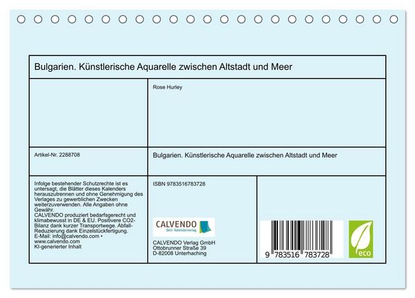 Produktbild: Bulgarien. K&uuml;nstlerische Aquarelle zwischen Altstadt und Meer (Tischkalender 2027 DIN A5 quer), CALVENDO Monatskalender