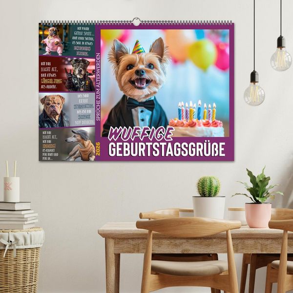 Produktbild: Wuffige Geburtstagsgr&uuml;&szlig;e SPR&Uuml;CHE ZUM &Auml;LTERWERDEN (Wandkalender 2026 DIN A2 quer), CALVENDO Monatskalender