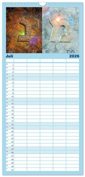 Produktbild: Familienplaner 2026 - Alefbet Hebr&auml;ische Lettern mit 5 Spalten (Wandkalender, 21 x 45 cm) CALVENDO