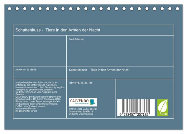 Produktbild: Schattenkuss - Tiere in den Armen der Nacht (Tischkalender 2026 DIN A5 quer), CALVENDO Monatskalender