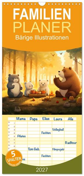Produktbild: Familienplaner 2027 - B&auml;rige Illustrationen mit 5 Spalten (Wandkalender, 21 x 45 cm) CALVENDO