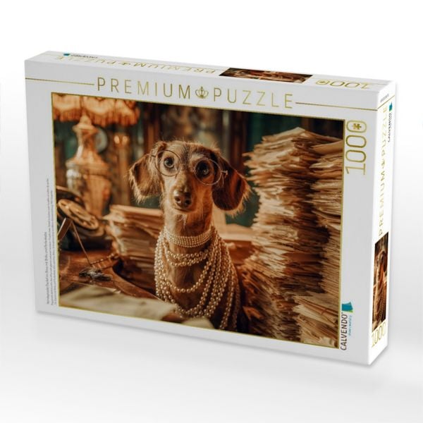 Produktbild: CALVENDO Puzzle Hundepuzzle Dackel im B&uuml;ro mit Brille und Perlenkette | 1000 Teile Lege-Gr&ouml;&szlig;e 64x48cm Foto-Puzzle f&uuml;r gl&uuml;ckliche Stunden