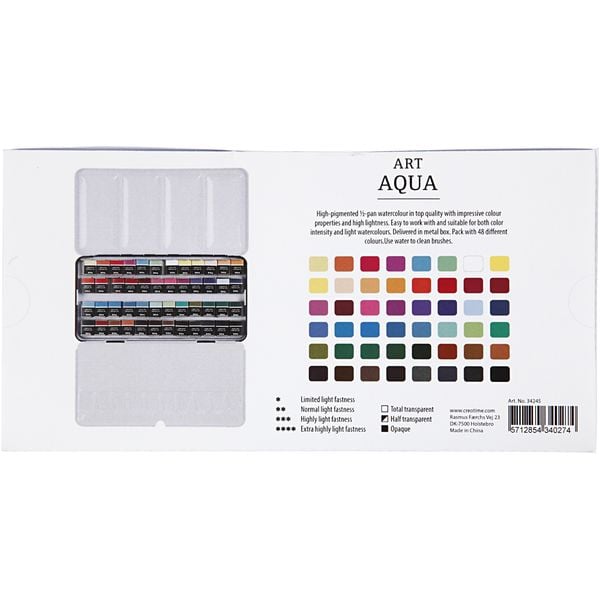 Produktbild: Creativ Company Aquarellk&auml;sten Art Aqua Aquarellfarbe, Standard-Farben, Halbwannen, Gr&ouml;&szlig;e 10x15x20 mm, 48 Farben, Kreativ Box