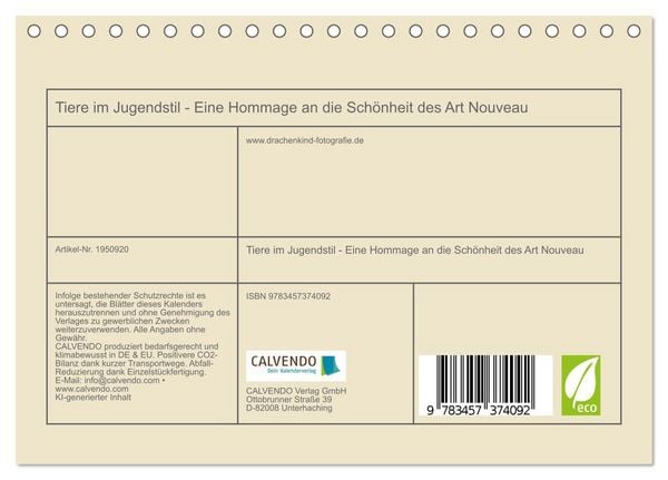 Produktbild: Tiere im Jugendstil - Eine Hommage an die Sch&ouml;nheit des Art Nouveau (Tischkalender 2026 DIN A5 quer), CALVENDO Monatskalender
