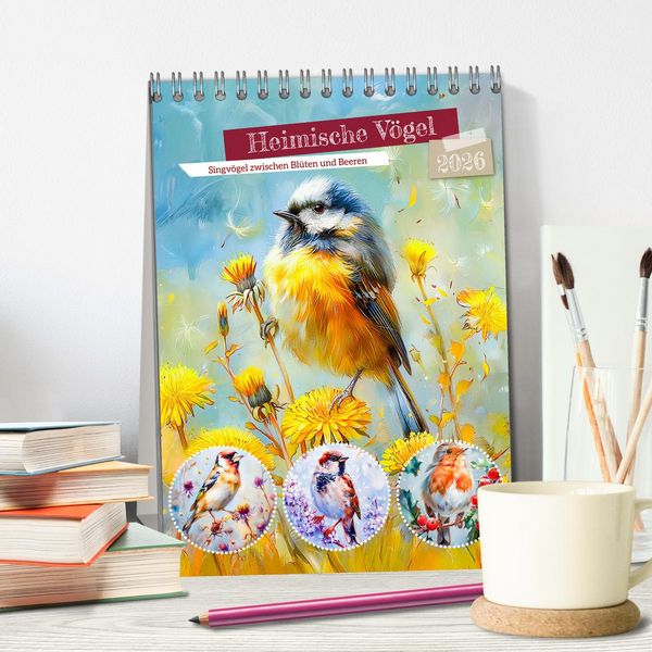 Produktbild: Heimische V&ouml;gel - Singv&ouml;gel zwischen Bl&uuml;ten und Beeren (Tischkalender 2026 DIN A5 hoch), CALVENDO Monatskalender