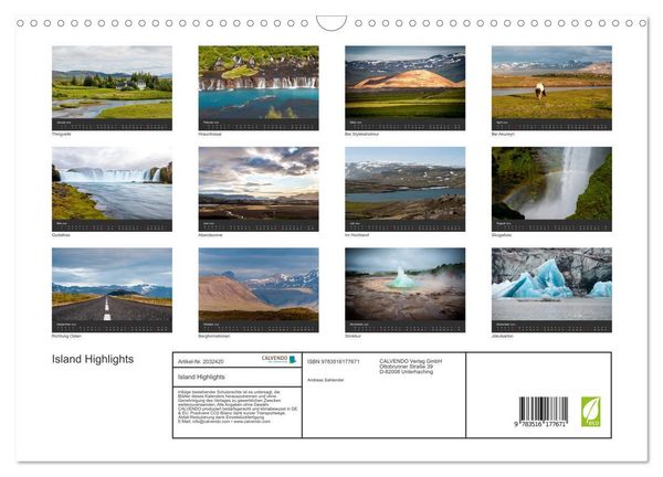 Produktbild: Island Highlights (Wandkalender 2026 DIN A3 quer), CALVENDO Monatskalender