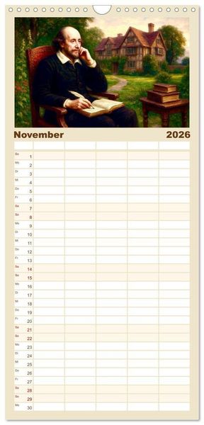 Produktbild: Familienplaner 2026 - William Shakespeare mit 5 Spalten (Wandkalender, 21 x 45 cm) CALVENDO
