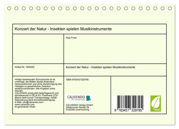 Produktbild: Konzert der Natur - Insekten spielen Musikinstrumente (Tischkalender 2026 DIN A5 quer), CALVENDO Monatskalender
