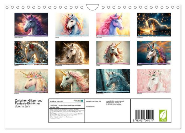 Produktbild: Zwischen Glitzer und Fantasie-Einh&ouml;rner durchs Jahr (Wandkalender 2026 DIN A4 quer), CALVENDO Monatskalender