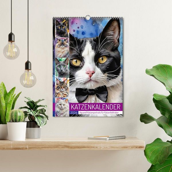 Produktbild: KATZENKALENDER - Aquarell Katzenportraits f&uuml;r Katzenliebhaber (Wandkalender 2026 DIN A3 hoch), CALVENDO Monatskalender