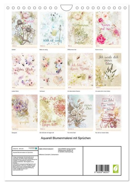 Produktbild: Aquarell Blumenmalerei mit Spr&uuml;chen (Wandkalender 2026 DIN A4 hoch), CALVENDO Monatskalender