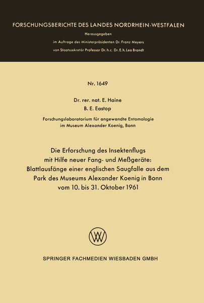 Produktbild: Die Erforschung des Insektenflugs mit Hilfe neuer Fang- und Messger&auml;te: Blattlausf&auml;nge einer englischen Saugfalle aus dem Park des Museums Alexander K