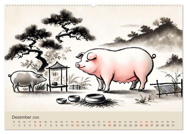 Produktbild: Chinesische Tierkreiszeichen - Kunstvolle KI-Tuschemalerei des Ostens (Wandkalender 2026 DIN A2 quer), CALVENDO Monatskalender
