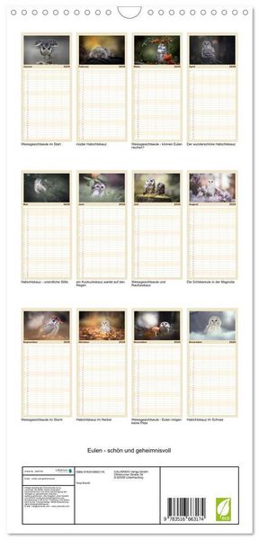Produktbild: Familienplaner 2026 - Eulen - sch&ouml;n und geheimnisvoll mit 5 Spalten (Wandkalender, 21 x 45 cm) CALVENDO