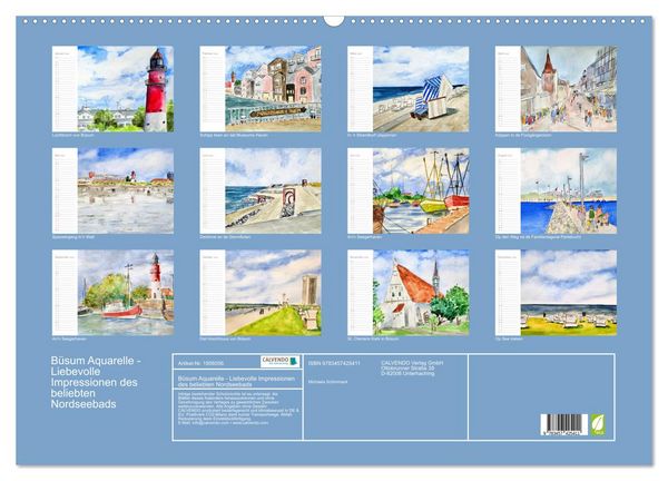 Produktbild: B&uuml;sum Aquarelle - Liebevolle Impressionen des beliebten Nordseebads (Wandkalender 2026 DIN A2 quer), CALVENDO Monatskalender
