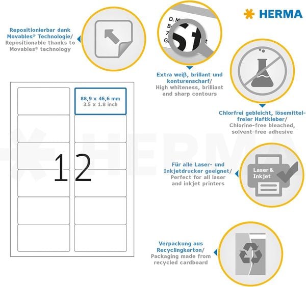 Produktbild: Herma Etiketten A4 20mm rechteckig 88,9x46,6, 25 Blatt, 300 St&uuml;ck