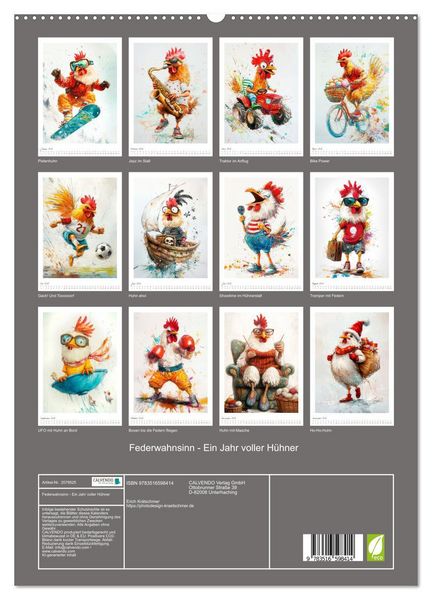 Produktbild: Federwahnsinn - Ein Jahr voller H&uuml;hner (hochwertiger Premium Wandkalender 2026 DIN A2 hoch), Kunstdruck in Hochglanz