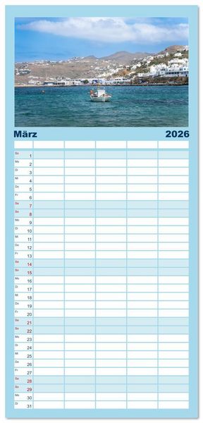 Produktbild: Familienplaner 2026 - Griechenland - Mykonos Kalender mit 5 Spalten (Wandkalender, 21 x 45 cm) CALVENDO