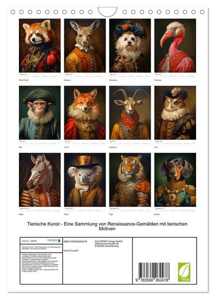 Produktbild: Tierische Kunst - Eine Sammlung von Renaissance-Gem&auml;lden mit tierischen Motiven (Wandkalender 2027 DIN A4 hoch), CALVENDO Monatskalender