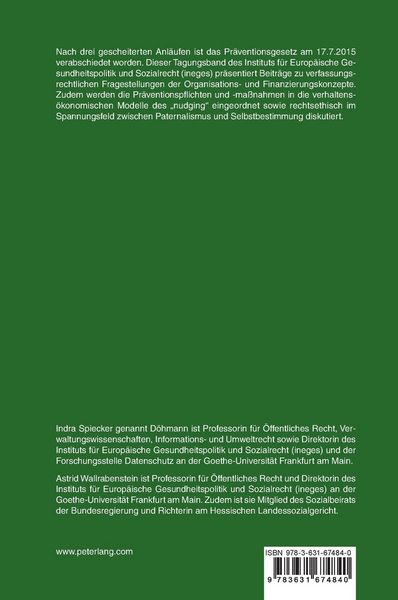 Produktbild: Rechtswissenschaftliche Fragen an das neue Pr&auml;ventionsgesetz