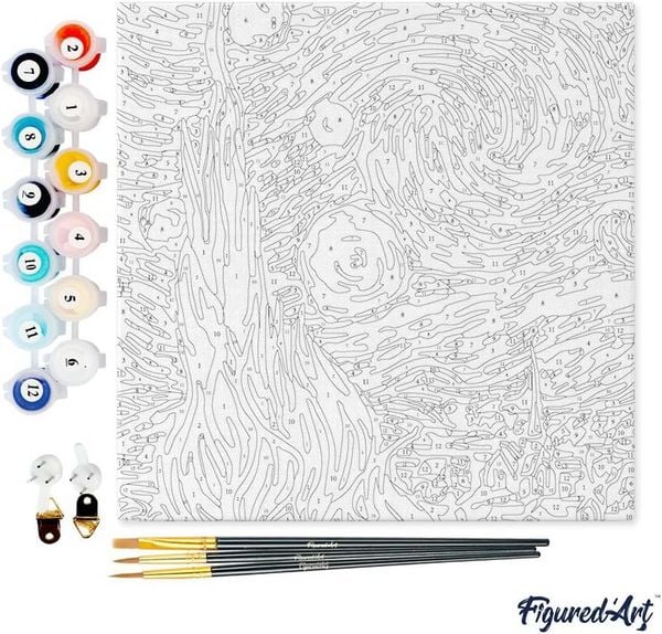 Produktbild: FiguredArt SFA089-Y - Mini Malen nach Zahlen, Van Gogh - Sternennacht, Leinwand-Keilrahmen 20x20cm, DIY Bastelset, Paint by Numbers