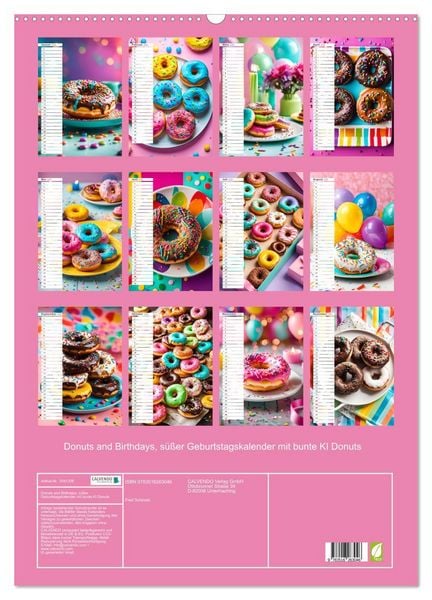 Produktbild: Donuts and Birthdays, s&uuml;&szlig;er Geburtstagskalender mit bunte KI Donuts (Wandkalender 2026 DIN A2 hoch), CALVENDO Monatskalender