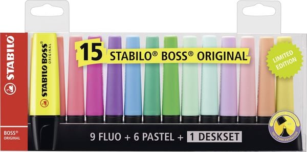 Produktbild: STABILO Textmarker -   BOSS ORIGINAL - 15er Tischset - 9 Leuchtfarben, 6 Pastellfarben