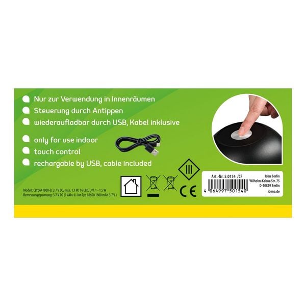 Produktbild: Idena LED Tischleuchte Touch Tango Metall schwarz 15x33cm Akku USB dimmbar 3 Modi Innen