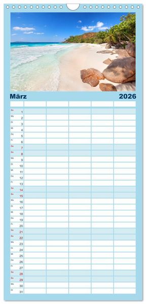 Produktbild: Familienplaner 2026 - Seychellen mit 5 Spalten (Wandkalender, 21 x 45 cm) CALVENDO
