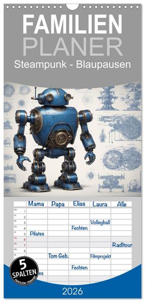 Produktbild: Familienplaner 2026 - Steampunk - Blaupausen mit 5 Spalten (Wandkalender, 21 x 45 cm) CALVENDO