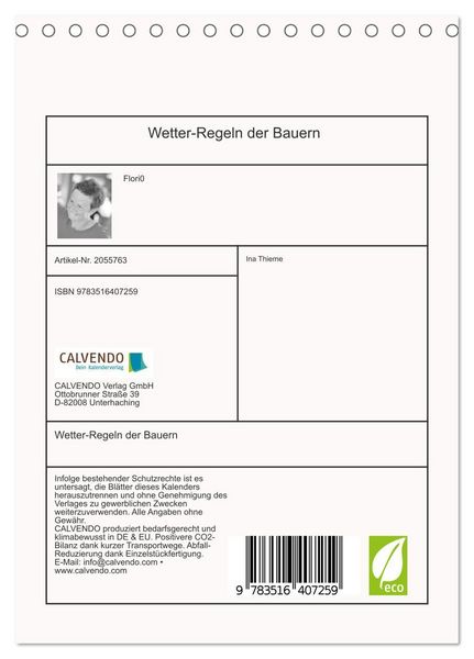 Produktbild: Wetter-Regeln der Bauern (Tischkalender 2026 DIN A5 hoch), CALVENDO Monatskalender