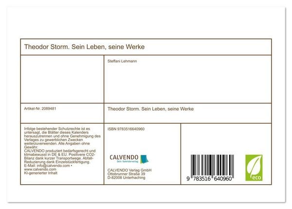 Produktbild: Theodor Storm. Sein Leben, seine Werke (Tischkalender 2026 DIN A5 quer), CALVENDO Monatskalender