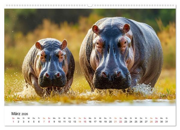 Produktbild: Flusspferde - die stillen Giganten (hochwertiger Premium Wandkalender 2026 DIN A2 quer), Kunstdruck in Hochglanz