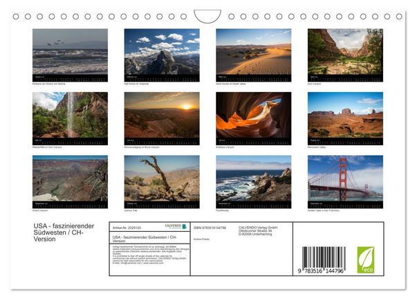 Produktbild: USA - faszinierender S&uuml;dwesten / CH-Version (Wandkalender 2026 DIN A4 quer), CALVENDO Monatskalender