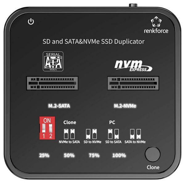 Produktbild: Renkforce RF-TPCD-350 Festplatten-Kopierstation M.2 PCIe NVMe, M.2 SATA, SD, SDHC, SDXC