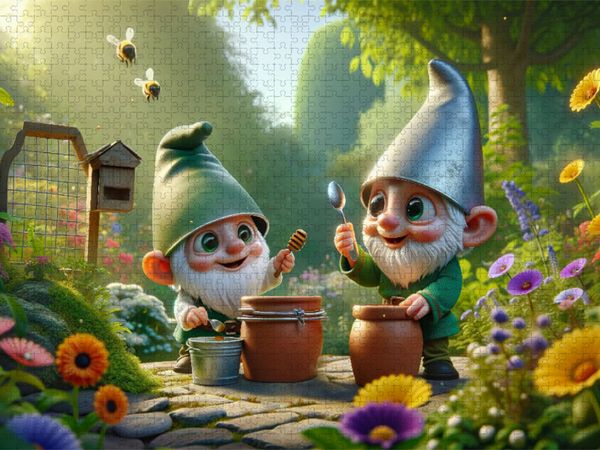 Produktbild: CALVENDO Puzzle Summendes Zwergengl&uuml;ck: Zwei Imker unter den Gartenbewohnern | 1000 Teile Lege-Gr&ouml;&szlig;e 64x48cm Foto-Puzzle f&uuml;r gl&uuml;ckliche Stunden