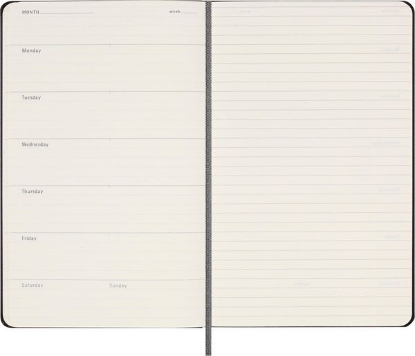 Produktbild: Moleskine undatierter Wochen Notizkalender, L/A5, 1 Wo = 1 Seite, Rechts linierte Seite, Fester Einband mit Textpr&auml;gung gold, Schwarz
