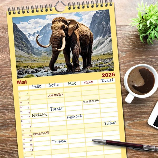 Produktbild: Familienplaner 2026 - Im urzeitlichen Reich des Mammuts mit 5 Spalten (Wandkalender, 21 x 45 cm) CALVENDO