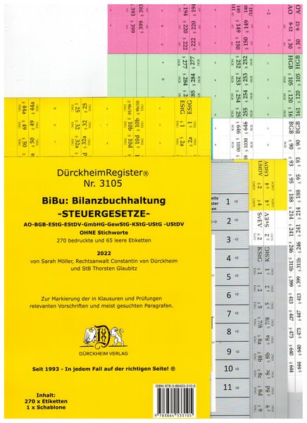 Produktbild: D&uuml;rckheimRegister&reg; BiBu-BilanzSteuerrecht - Wichtige Gesetze OHNE Stichworte f&uuml;r deine AO-AktG-BGB-EStG-EStR-GmbHG-HGB- KStG-UStG nur Zahlen und &sect;&sect;